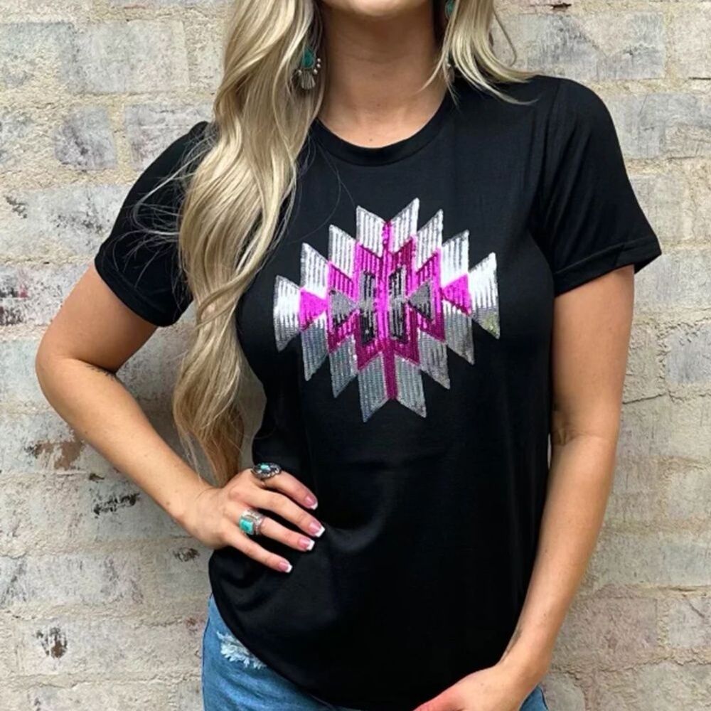 NWT Boutique Western Aztec Inspired Beaded Tee Top Blouse Rodeo S